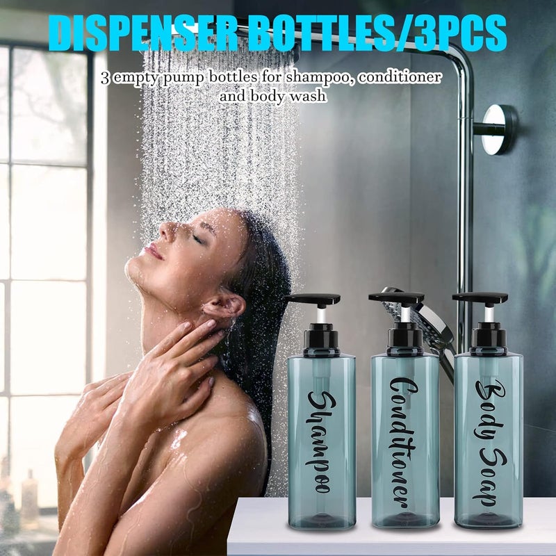 AUMIO 16.9oz Refillable Shower Soap Dispenser with Pump - 3 Chamber No Drill for Shampoo, Conditioner & Body Wash, Blue Clear Plastic Bottle Dispenser, Bathroom Organizer with 6 Waterproof Labels - Image 5